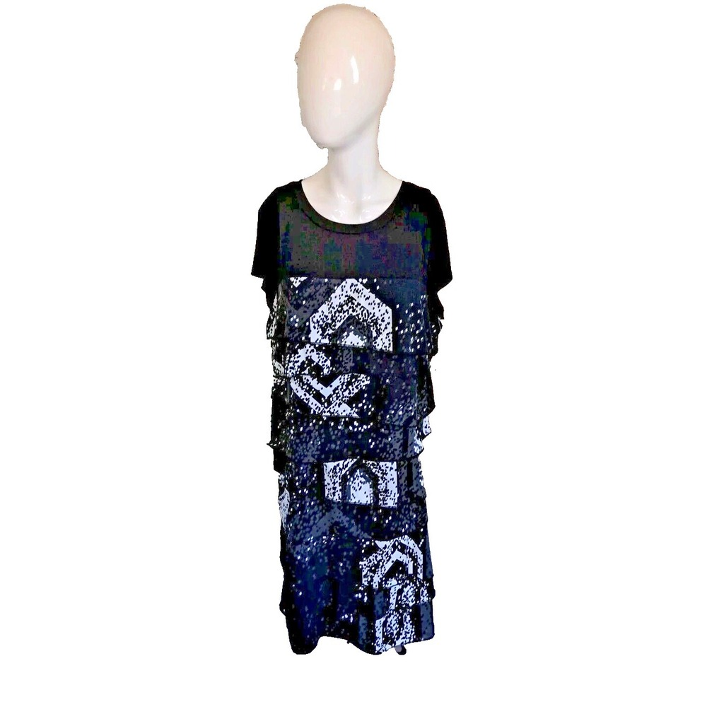 John Paul Richard Dress Size L Black & White Layered Geometric Print Knee Length